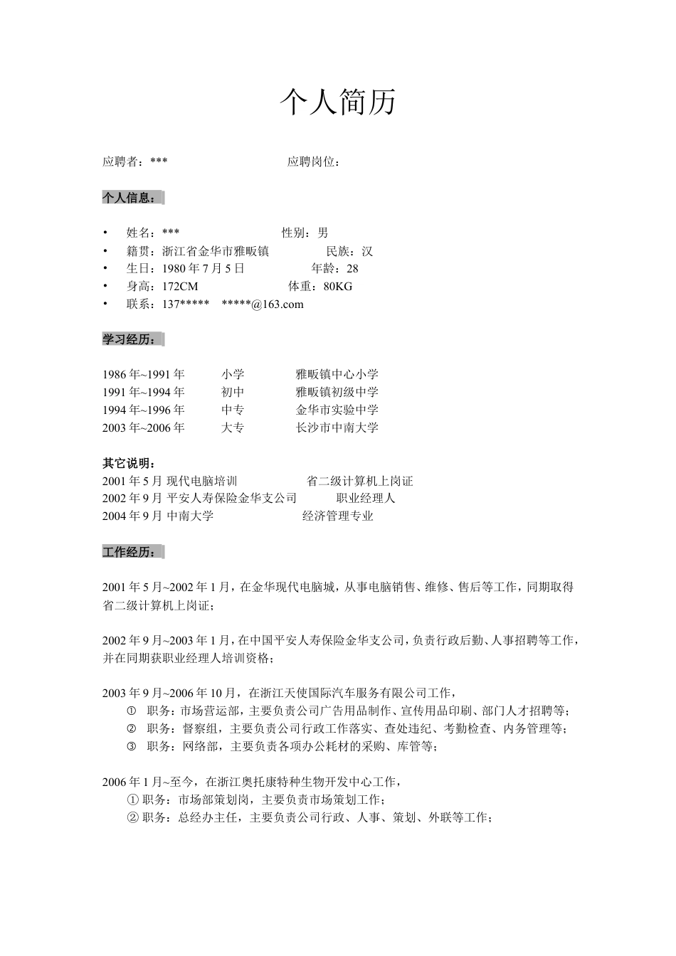 057.简明简历_罗列式_2页式_无内容_无封面.doc