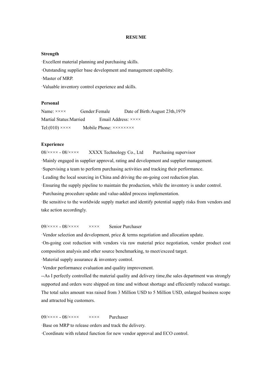 17采购管理英文简历Purchasing Supervisor.doc