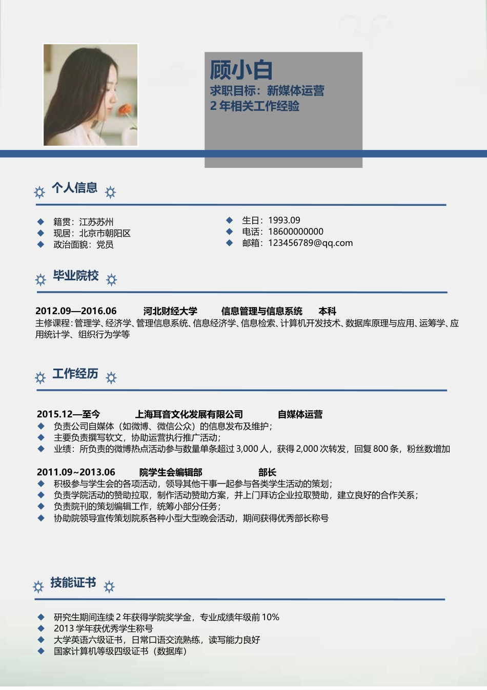 简历+简历封面+自荐信3页简历191.doc