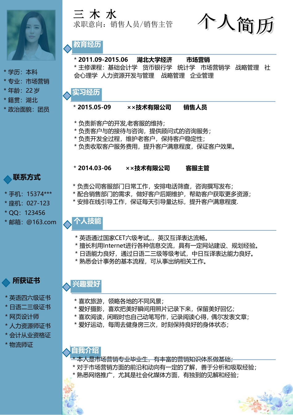 【封面+简历+自荐信】清新花朵商务求职简历.doc