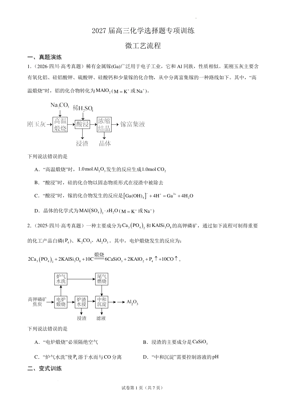2027届高三化学选择题专项训练：微工艺流程.pdf