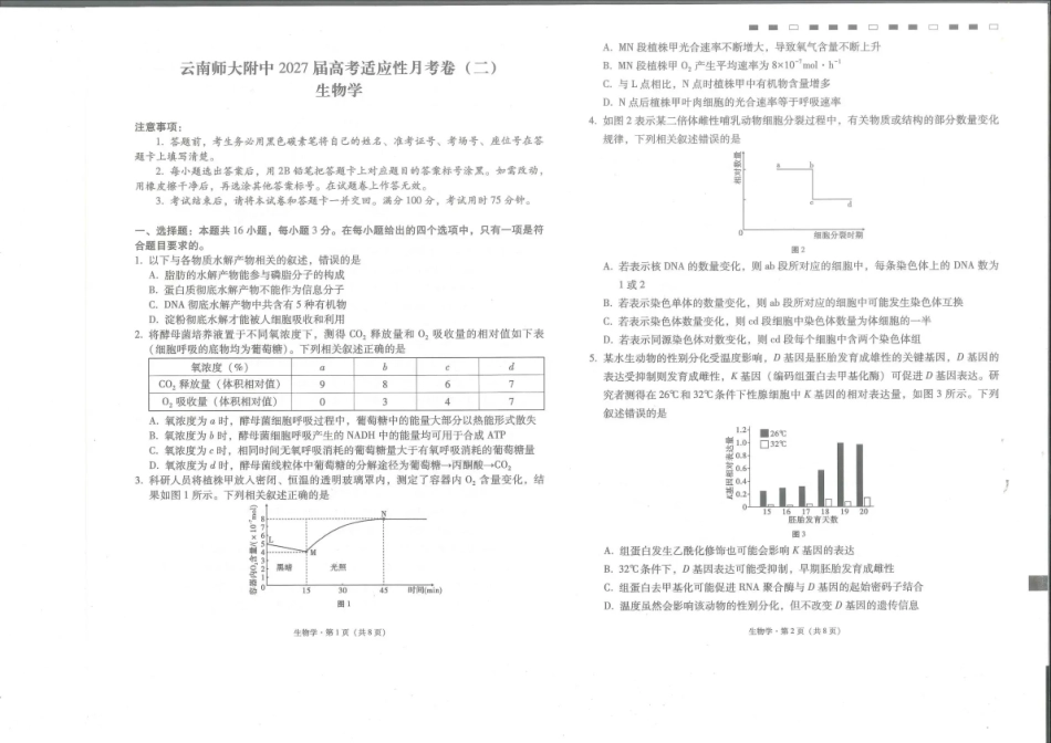 云南师大附中2027届高考适应性月考卷（二）生物+答案.pdf