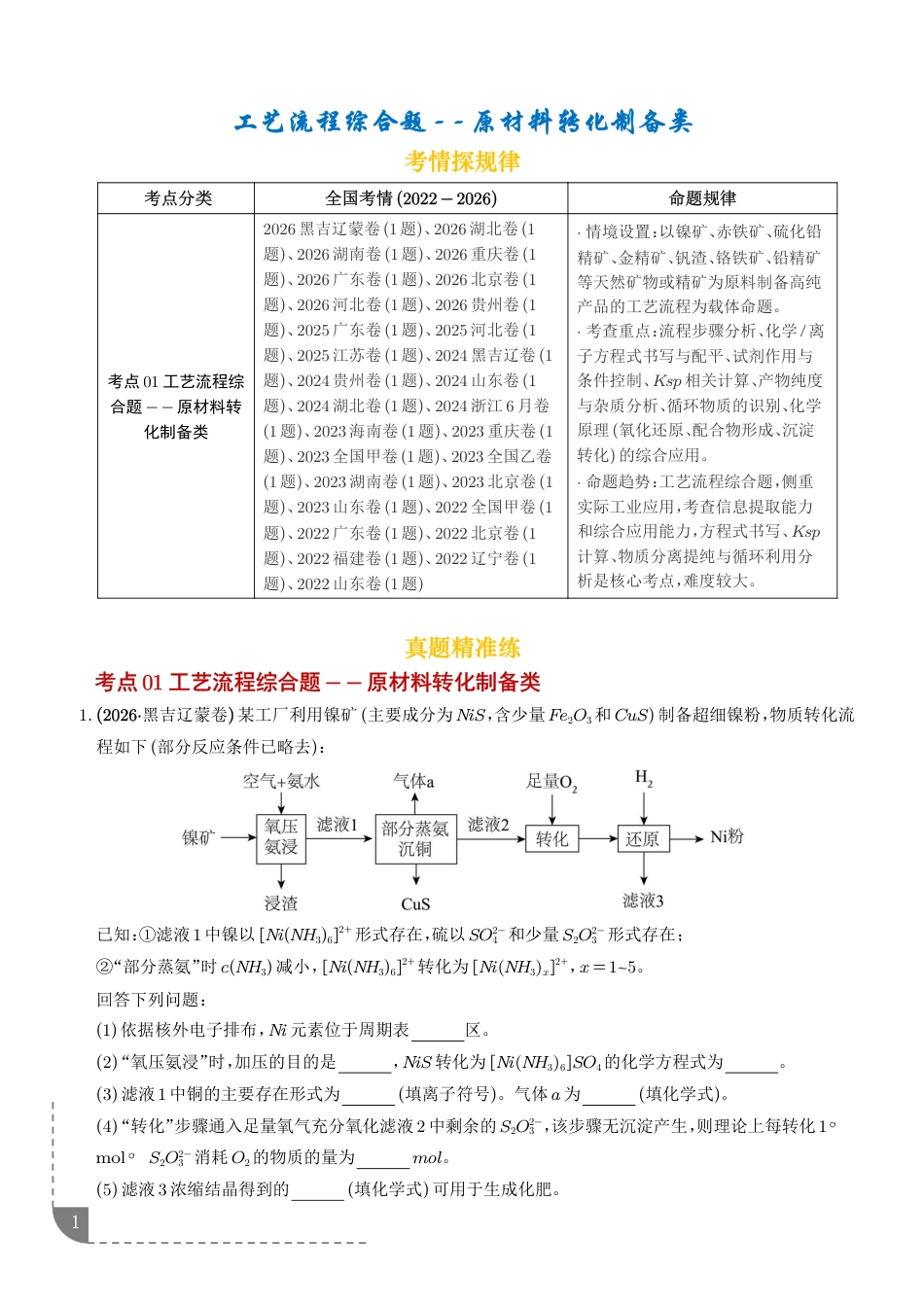 2027高中化学工艺流程综合题——原材料转化制备类试题+解析.pdf
