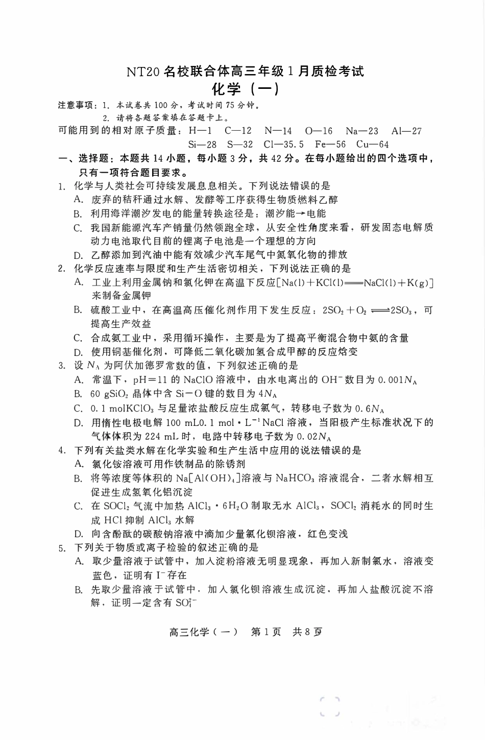 河北NT20名校联合体高三年级1月质检化学试卷和答案.pdf