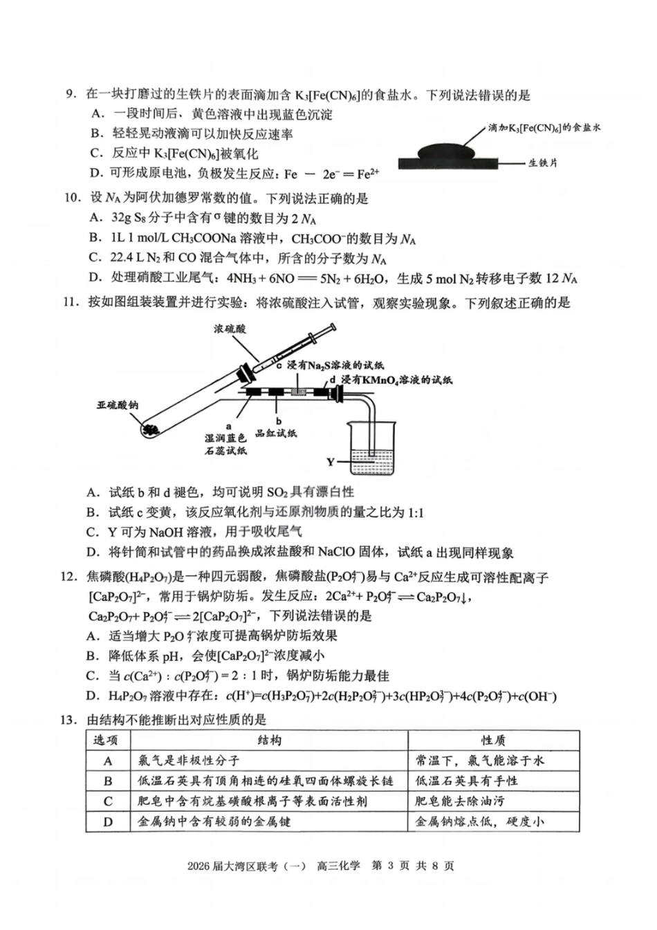 广东大湾区2026届高三化学上学期一模试卷和答案.pdf