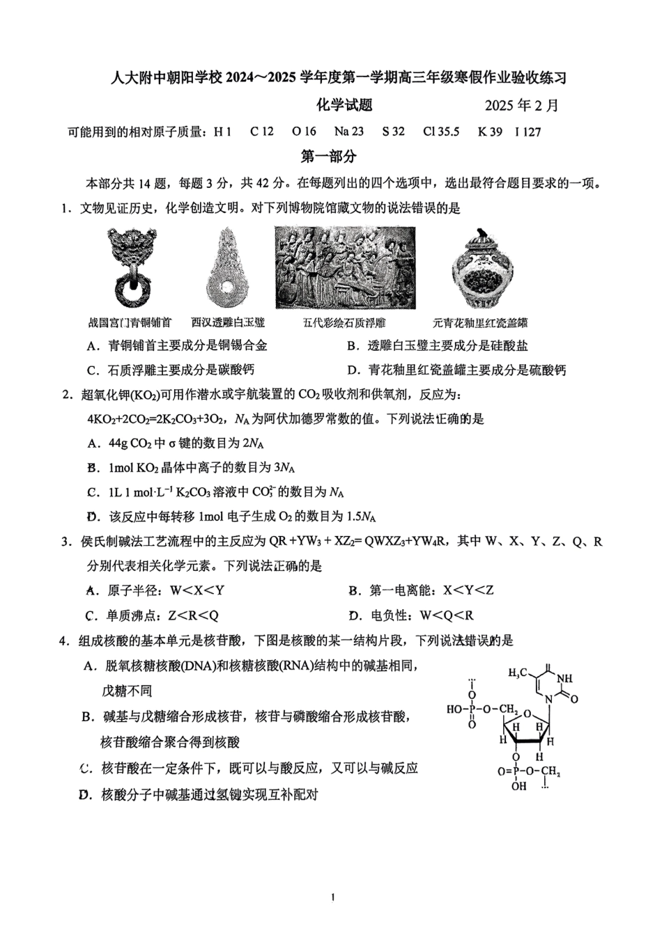 北京市中国人大附中朝阳学校2024-2025学年高三下学期开学考试化学试题和答案.pdf
