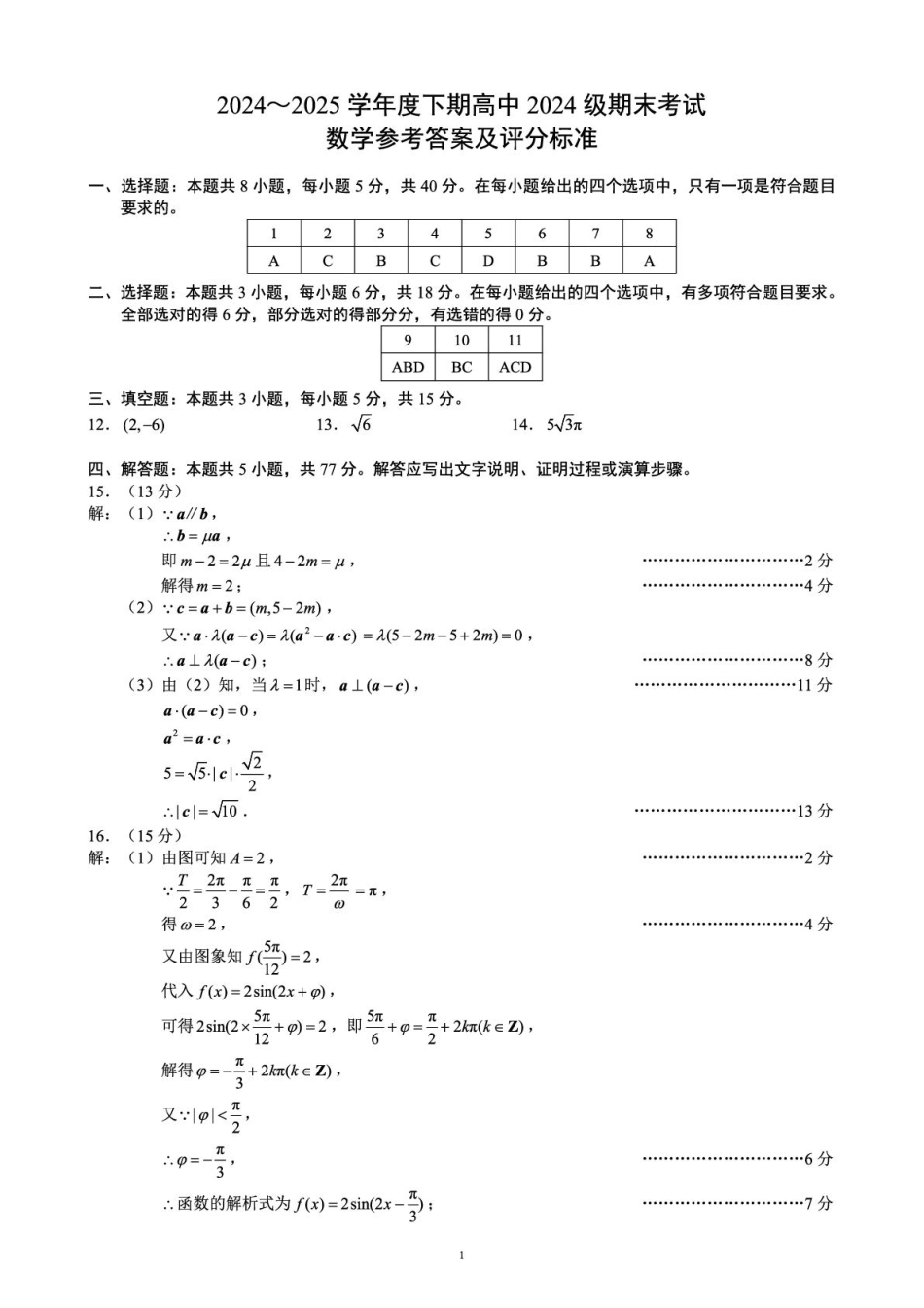 高一数学模拟题数学 2024～2025学年度下期高中2024级期末考试数学参考答案及评分标准.pdf