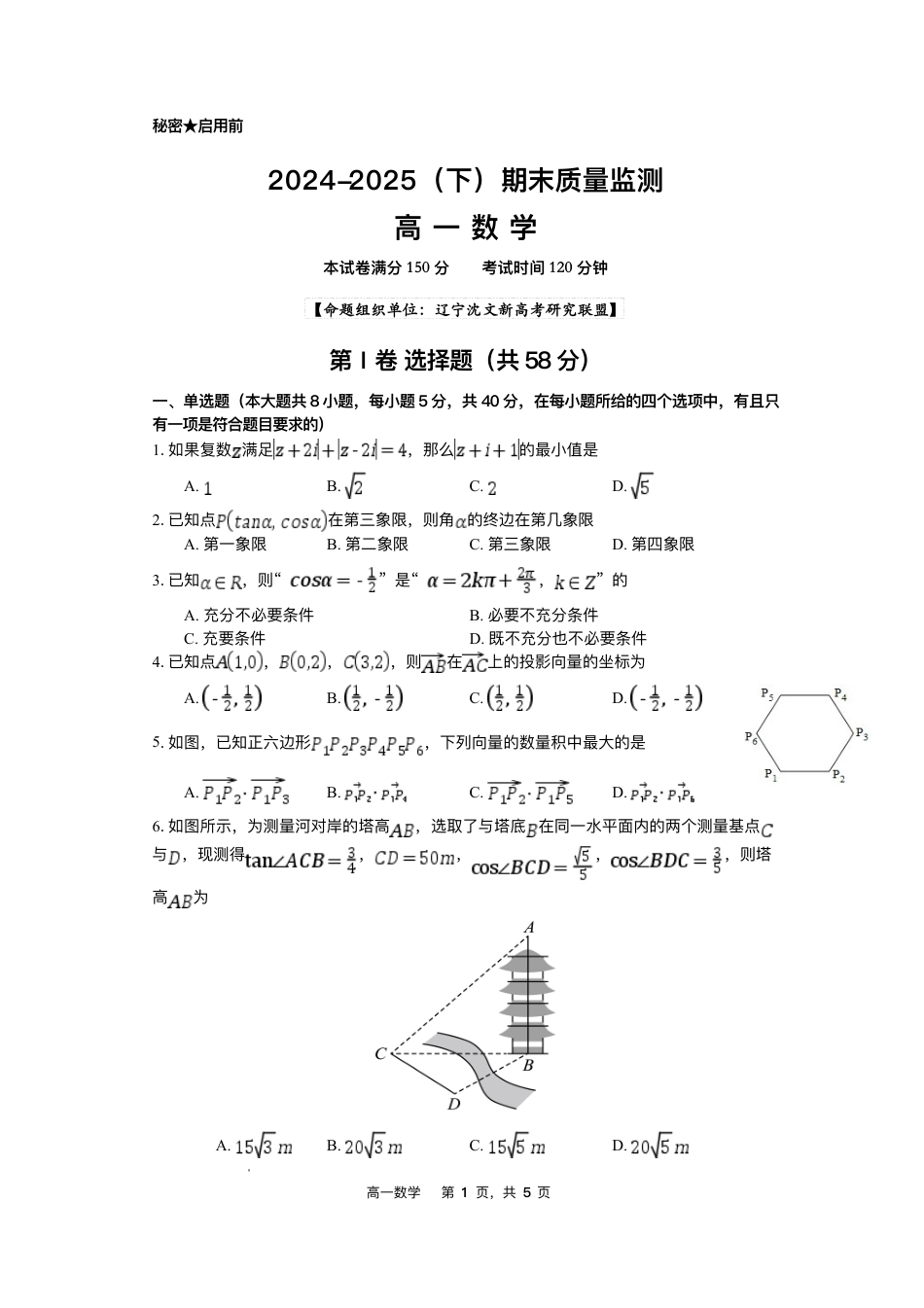 高一数学模拟题辽宁省沈文新高考研究联盟2024-2025学年高一下学期7月期末质量监测数学试题.pdf