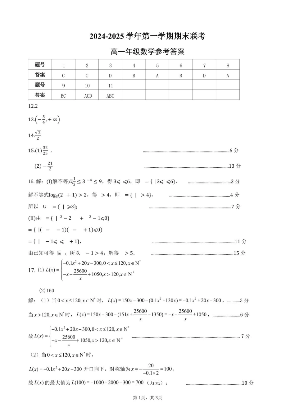 高一数学模拟题合肥六校联盟2024-2025学年第一学期期末联考高一年级数学 2024-2025学年第一学期期末考试高一年级数学参考答案.pdf