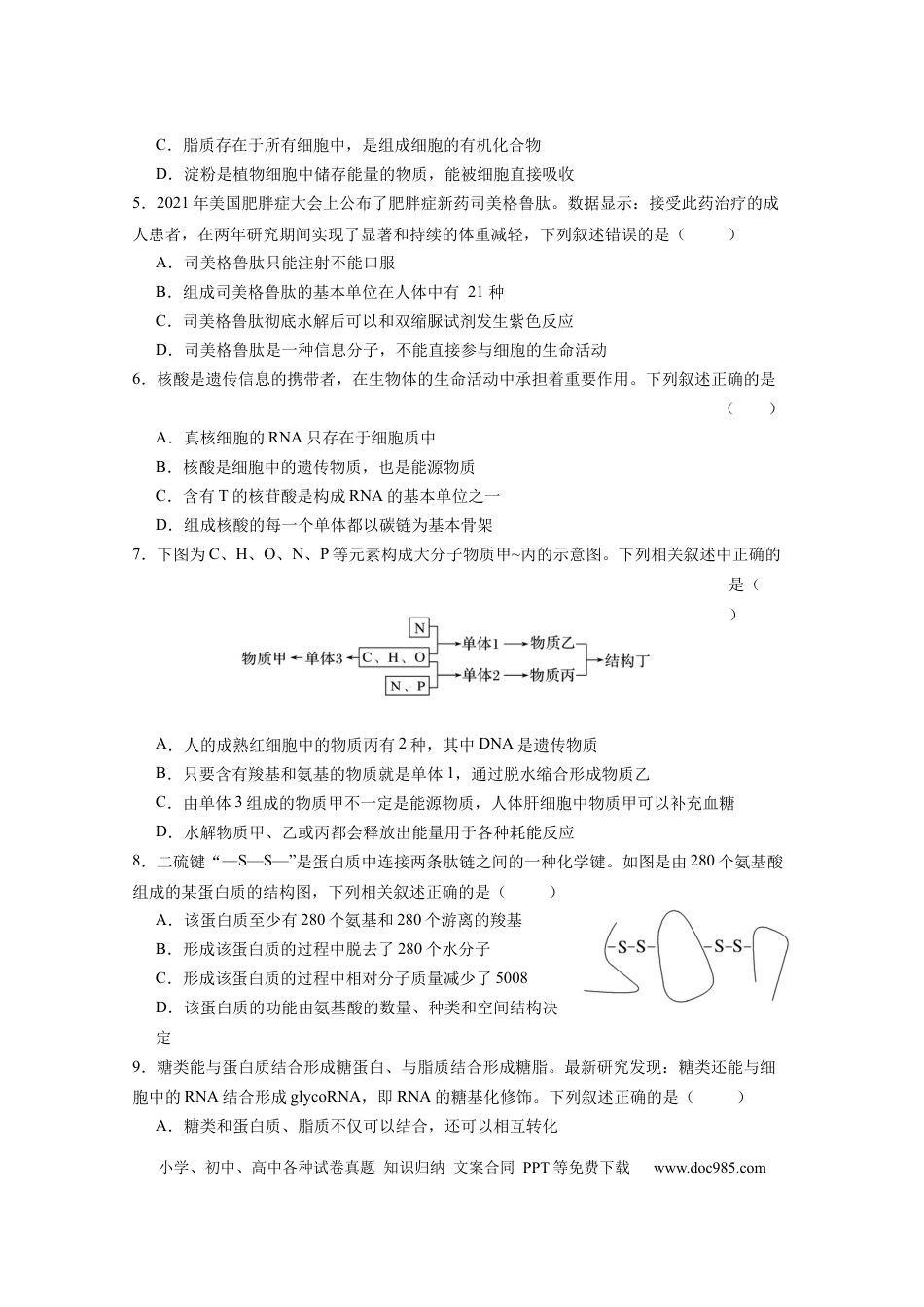 高一数学模拟题高2027届高一上生物期中考试题.docx