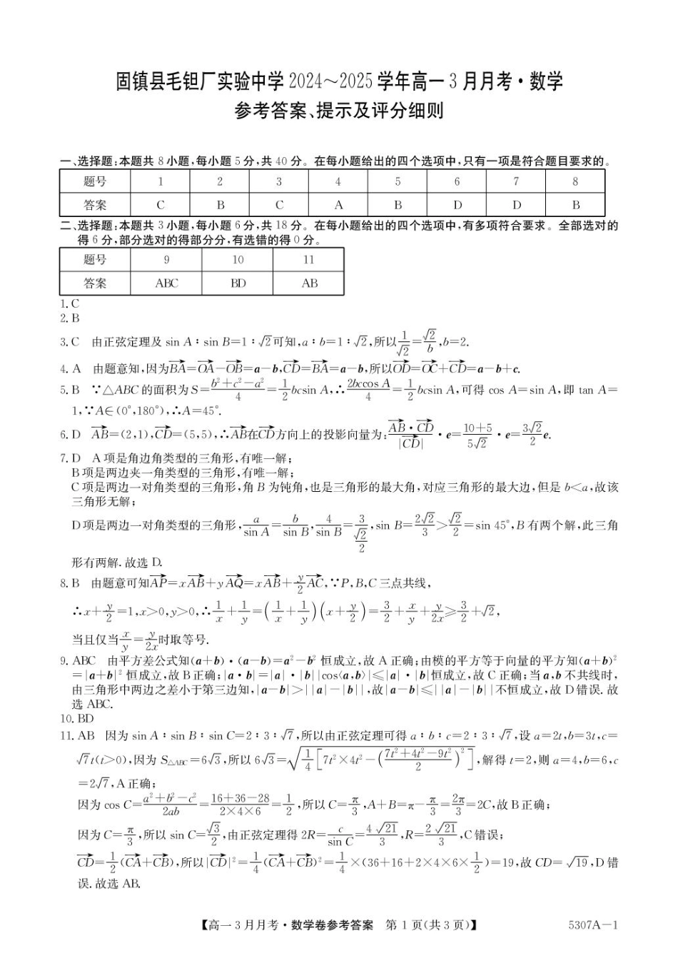 高一数学模拟题安徽省蚌埠市固镇县固镇县毛钽厂实验中学2024-2025学年高一下学期3月月考数学试卷参考答案.pdf