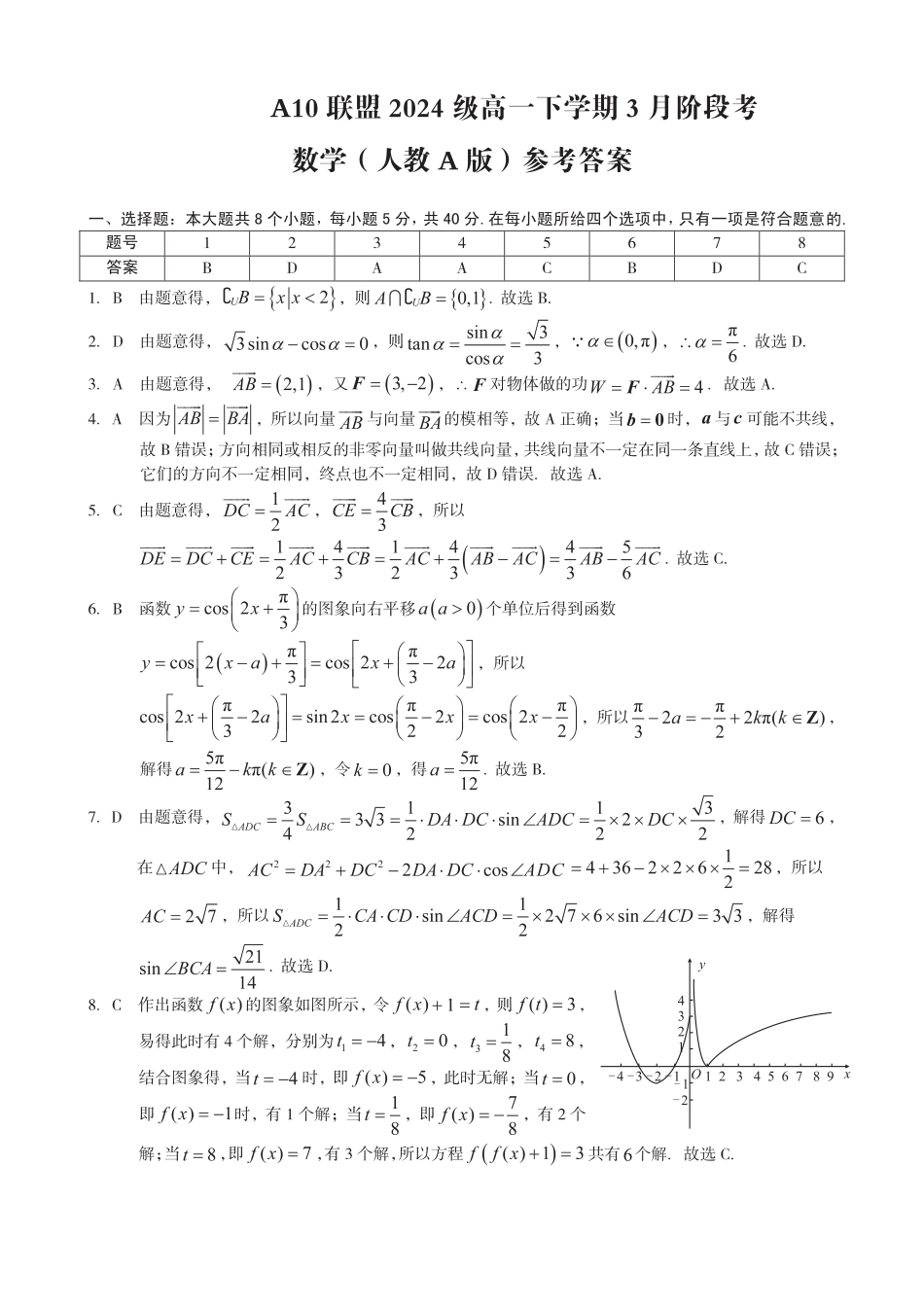 高一数学模拟题安徽省A10联盟2024-2025学年高一下学期3月阶段考数学试卷（人教A版）（PDF版，含答案）.pdf