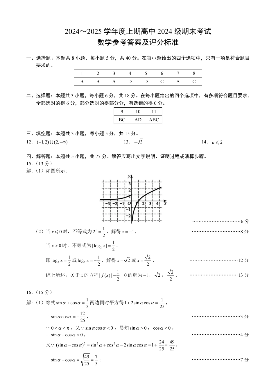 高一数学模拟题2024～2025学年度上期高中2024级期末考试数学参考答案及评分标准.pdf