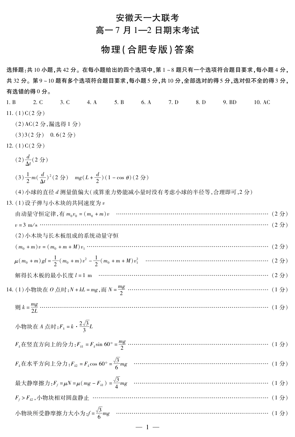 高一物理模拟题   物理合肥专版安徽高一7月1-2日期末考试答案(简易).pdf