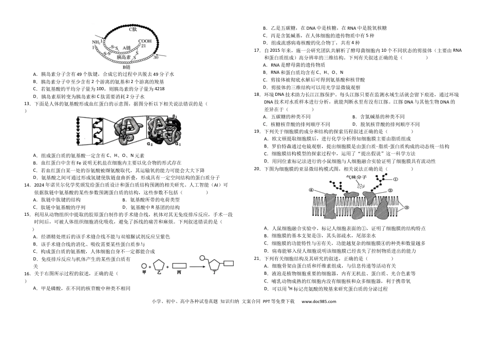 高一物理模拟题   四川省南充高级中学2024-2025学年高一上学期第二次月考（12月）生物试题 Word版含答案.docx