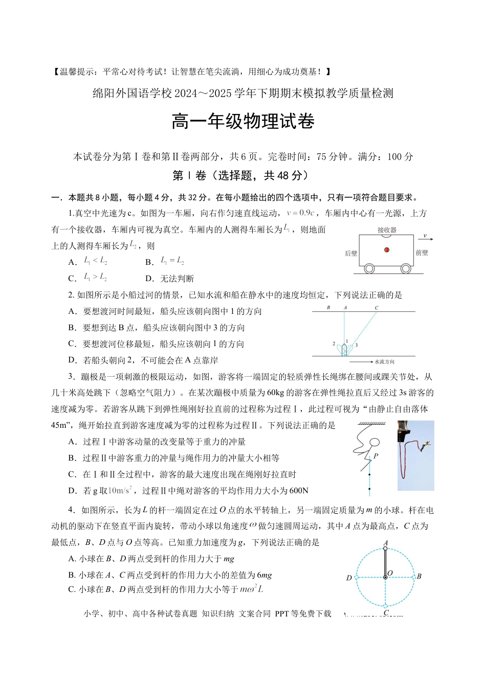 高一物理模拟题   四川省绵阳外国语学校2024-2025学年高一下学期期末模拟考试物理试题.docx
