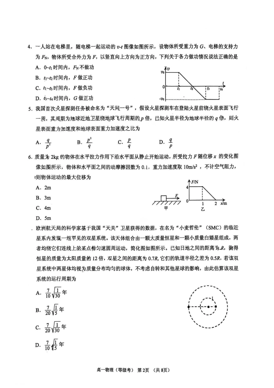 高一物理模拟题   山东省烟台市2024-2025学年高一下学期期中学业水平诊断试题 物理（等级考） PDF版含答案.pdf