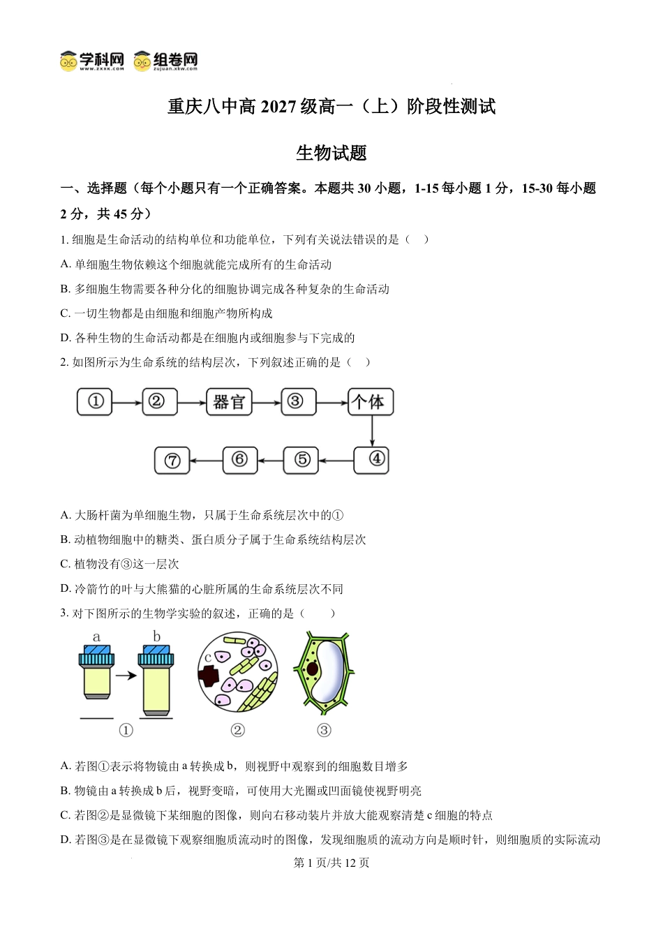 高一物理模拟题   精品解析：重庆市第八中学校2024-2025学年高一上学期12月月考生物试题（原卷版）.docx