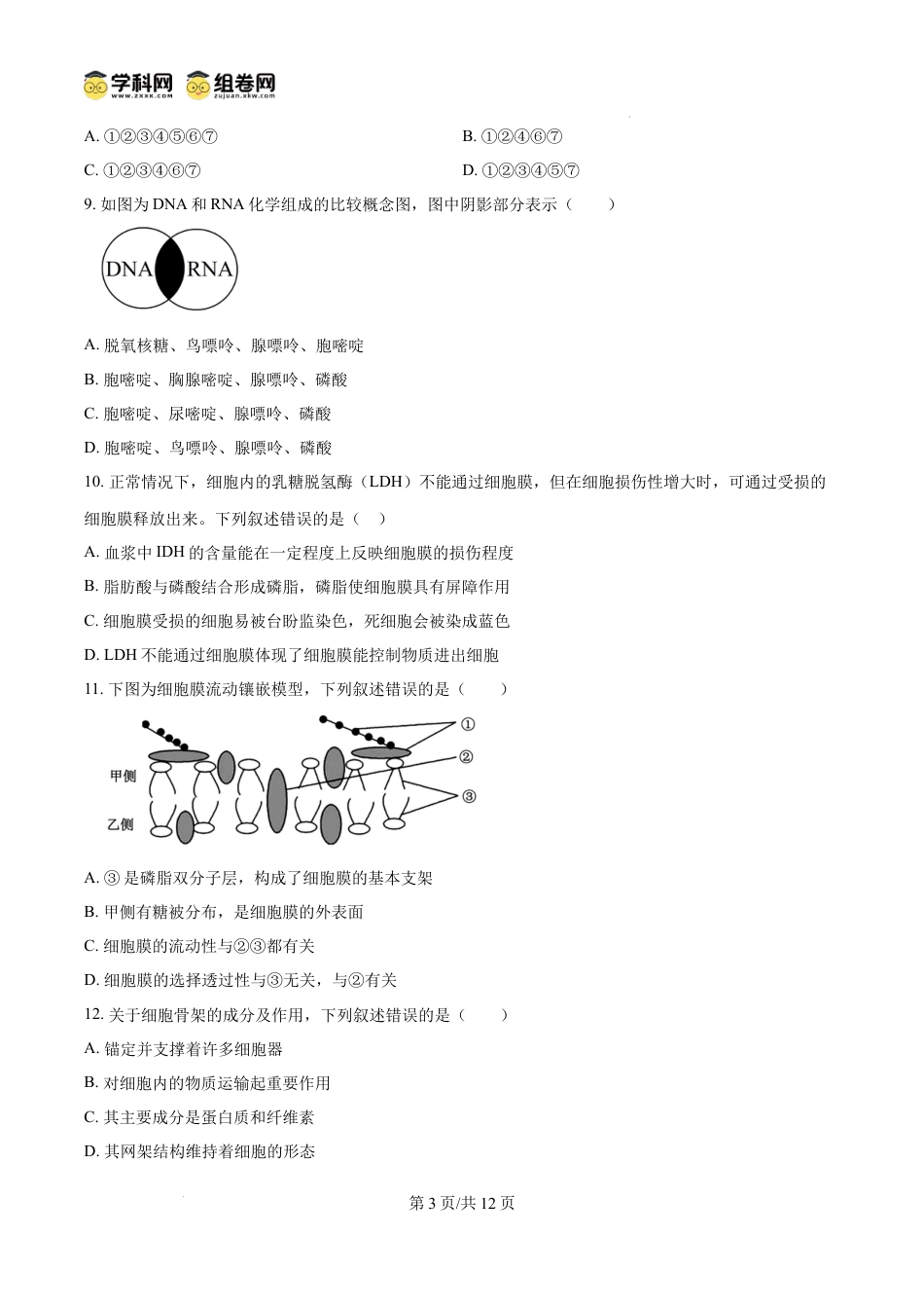 高一物理模拟题   精品解析：重庆市第八中学校2024-2025学年高一上学期12月月考生物试题（原卷版）.docx