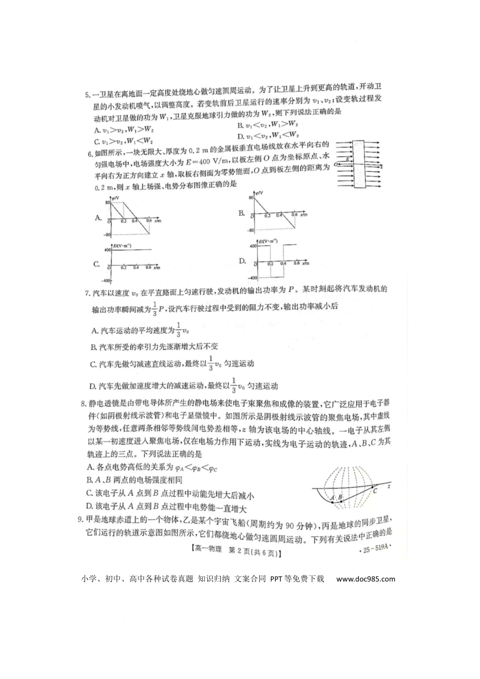 高一物理模拟题   江苏省百校联考2024-2025学年高一下学期5月月考物理试卷（图片版）.docx