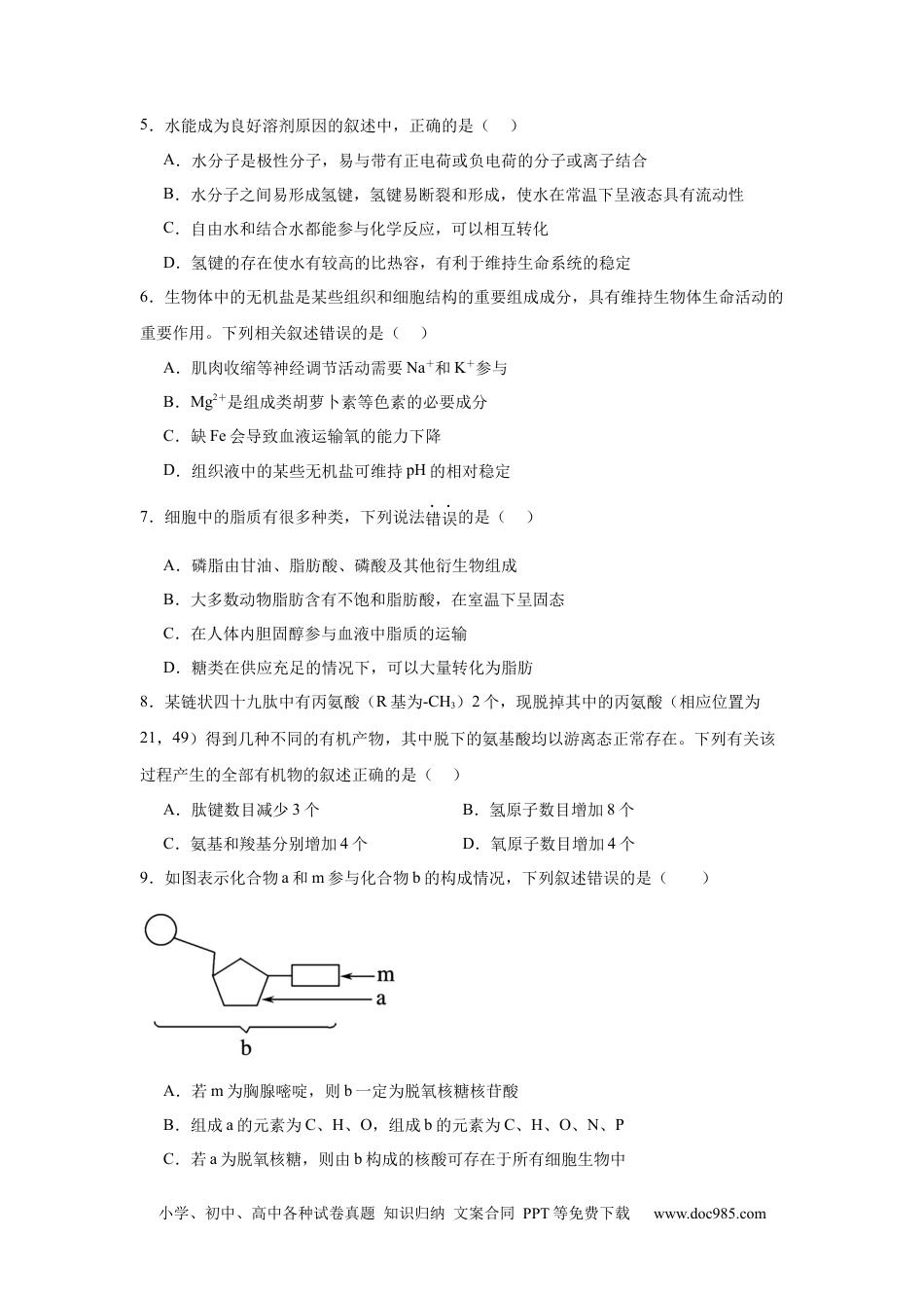 高一物理模拟题   吉林省长春市南关区长春市第八中学2024-2025学年高一上学期1月期末生物试题.docx