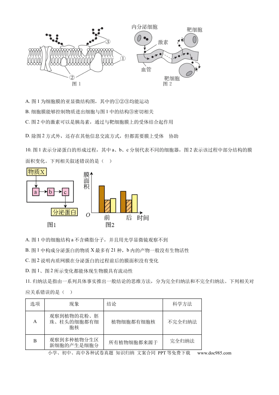 高一物理模拟题   湖南省长沙市湖南师范大学附属中学2024-2025学年高一上学期期中考试生物试卷 Word版无答案.docx
