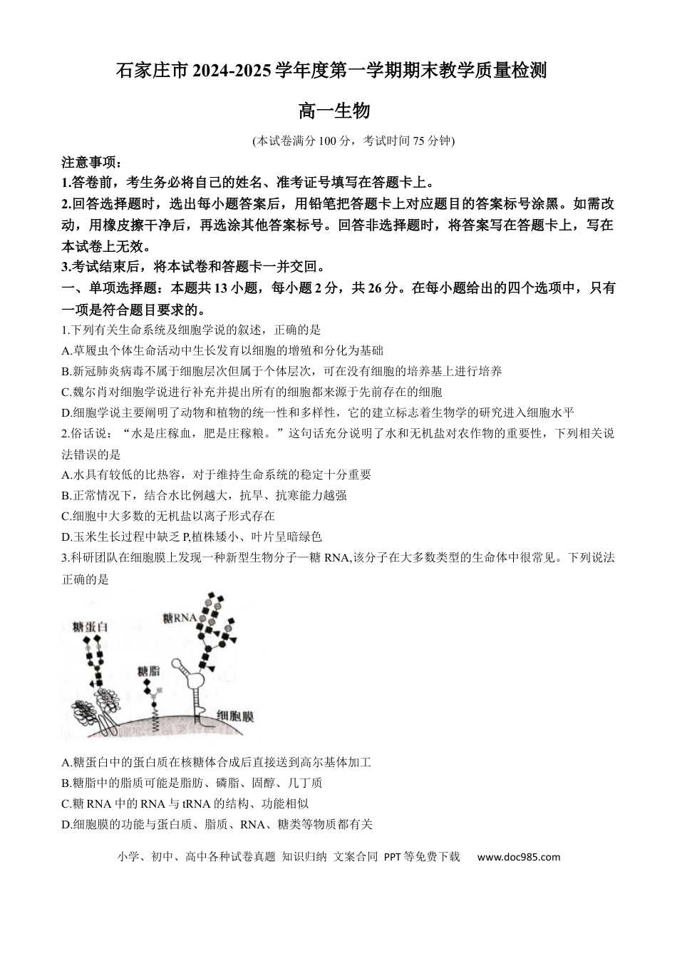 高一物理模拟题   河北省石家庄市2024-2025学年高一上学期期末生物试卷.docx