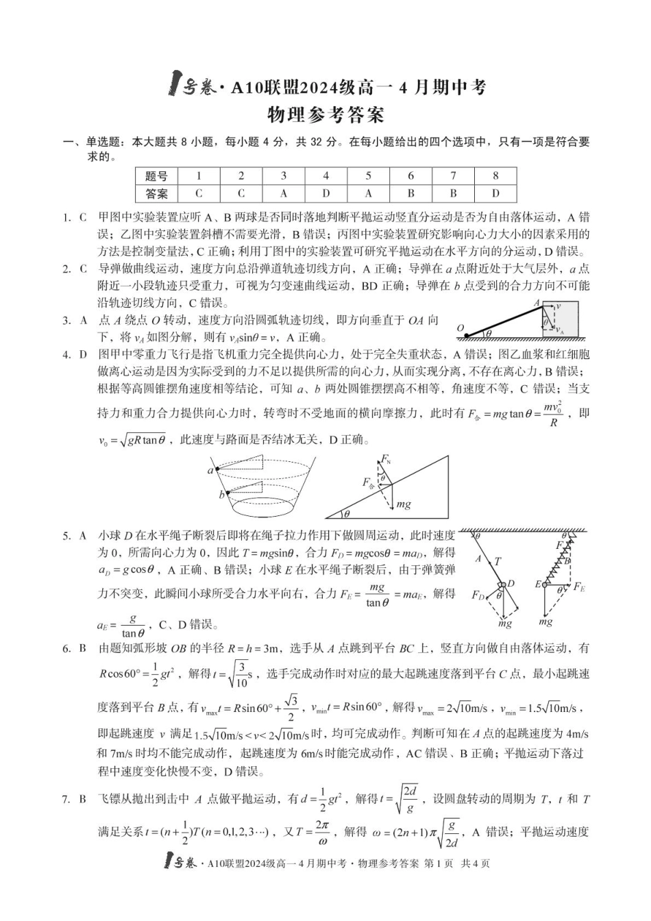 高一物理模拟题   安徽省合肥市肥西县宏图中学2024—2025学年高一下学期期中物理答案.pdf