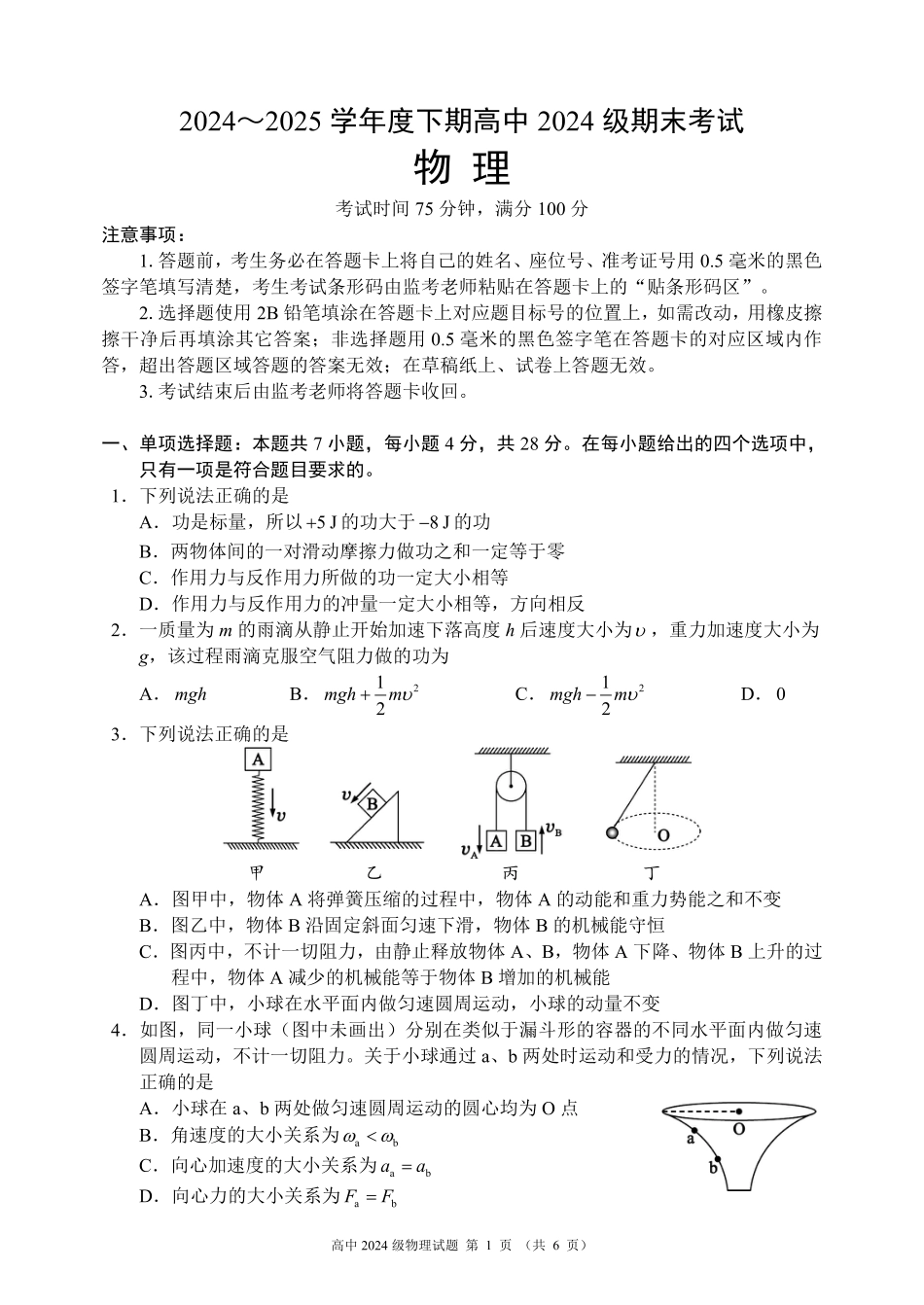 高一物理模拟题   2024～2025学年度下期高中2024级期末考试物理试题（6页）.pdf