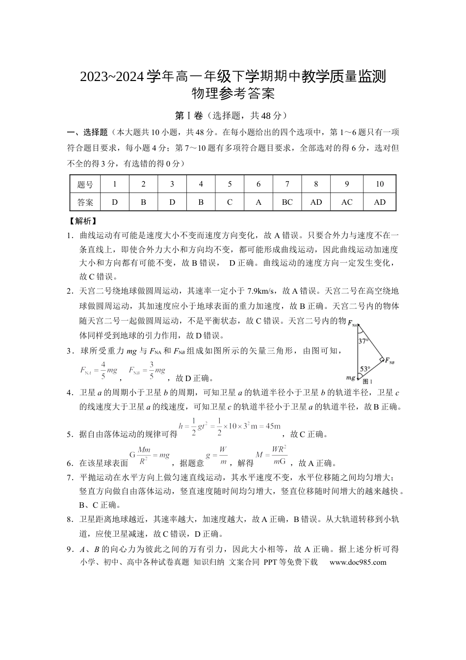 高一物理模拟题   2023~2024学年高一年级下学期期中教学质量监测物理-答案.docx