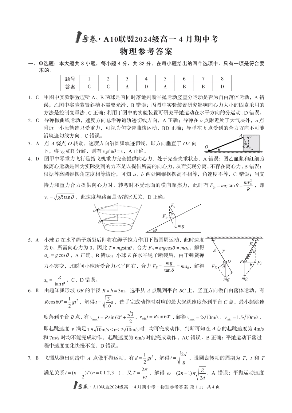 高一物理模拟题   1号卷·A10联盟2024级高一4月期中考物理答案.pdf