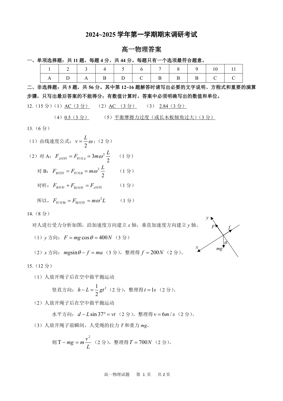 高一物理模拟题   ★2024～2025学年第一学期期末调研考试高一物理参考答案及评分标准.pdf