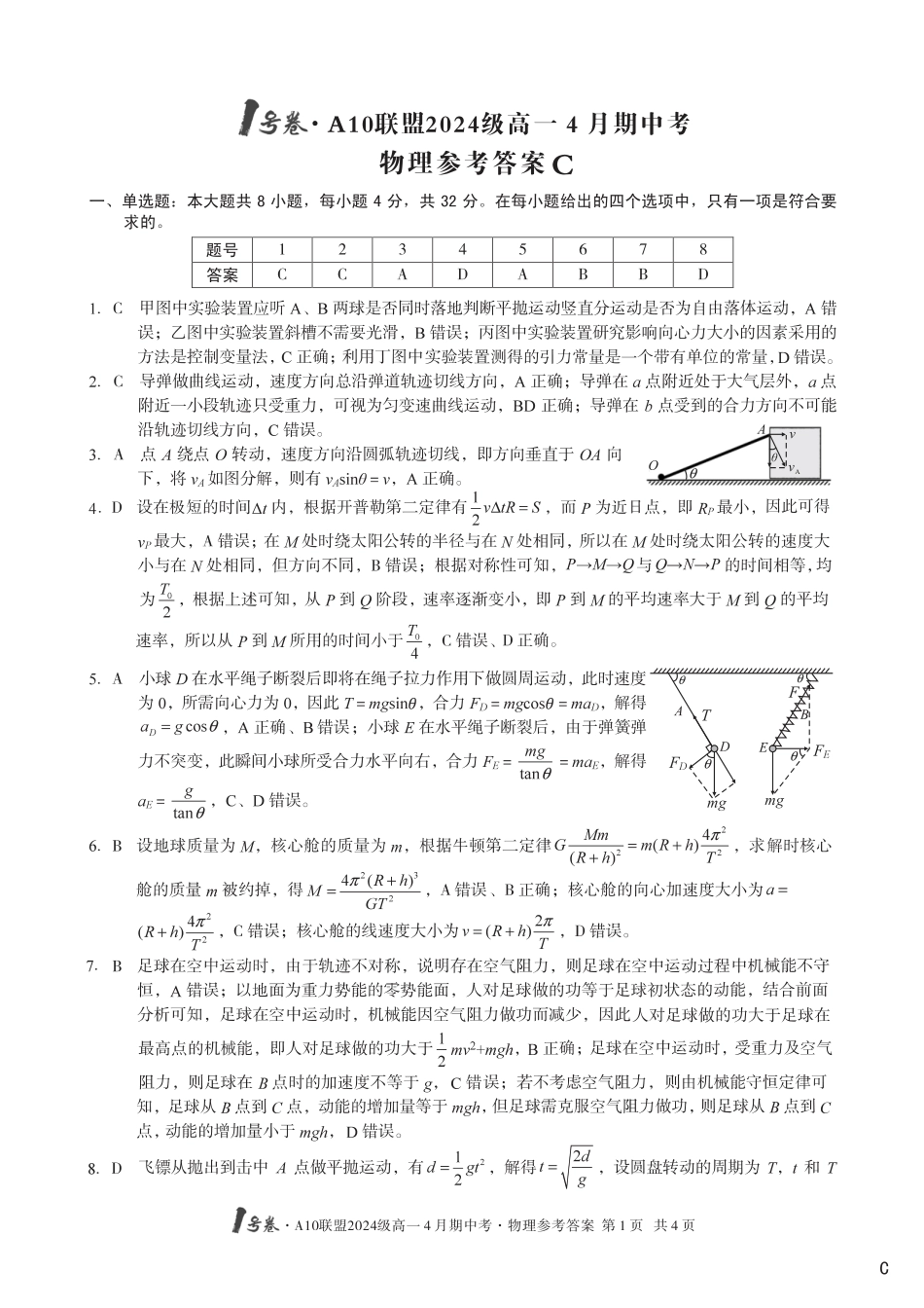高一物理模拟题   （C卷）1号卷·A10联盟2024级高一4月期中考物理答案C.pdf