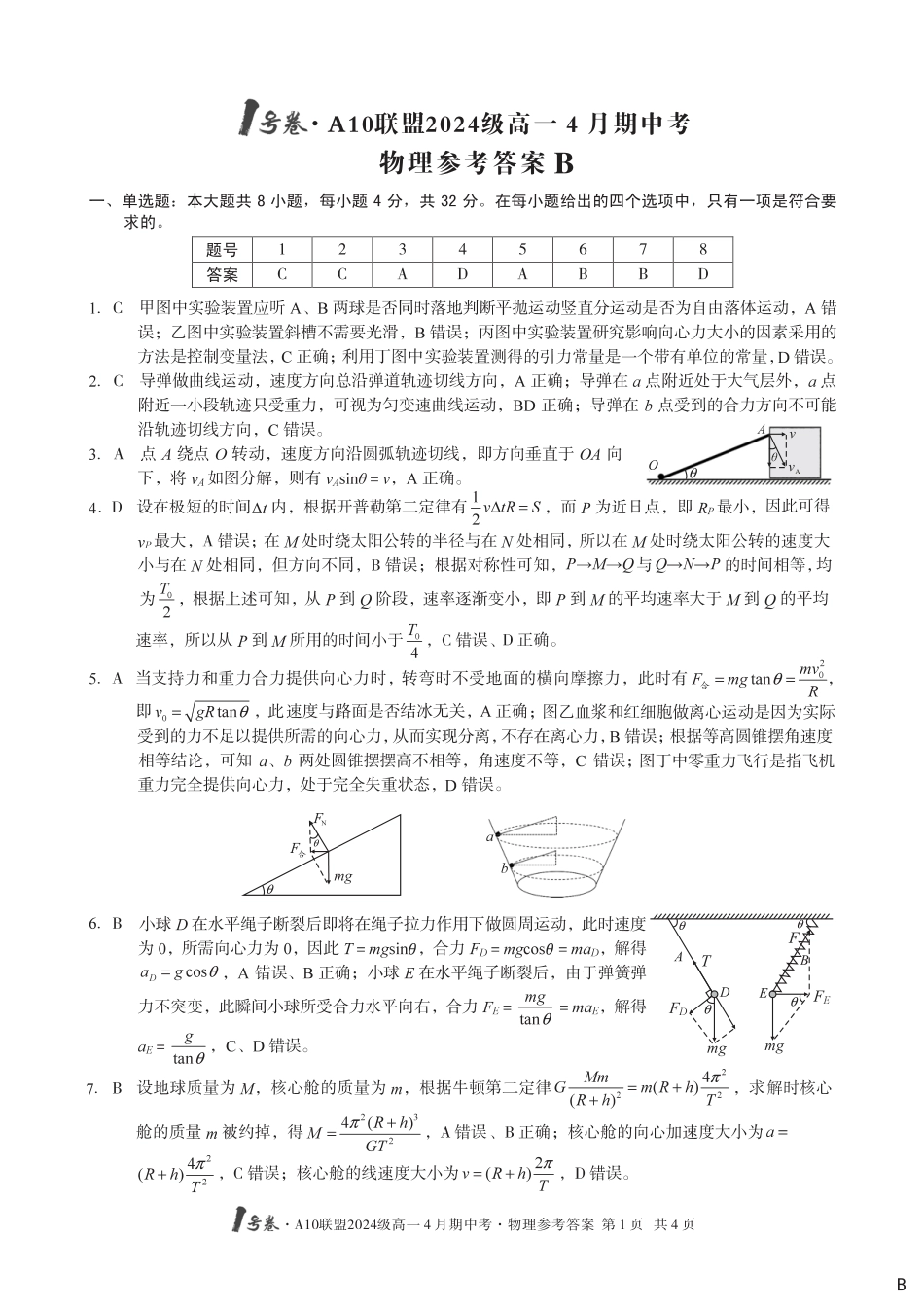 高一物理模拟题   （B卷）1号卷·A10联盟2024级高一4月期中考物理答案B.pdf
