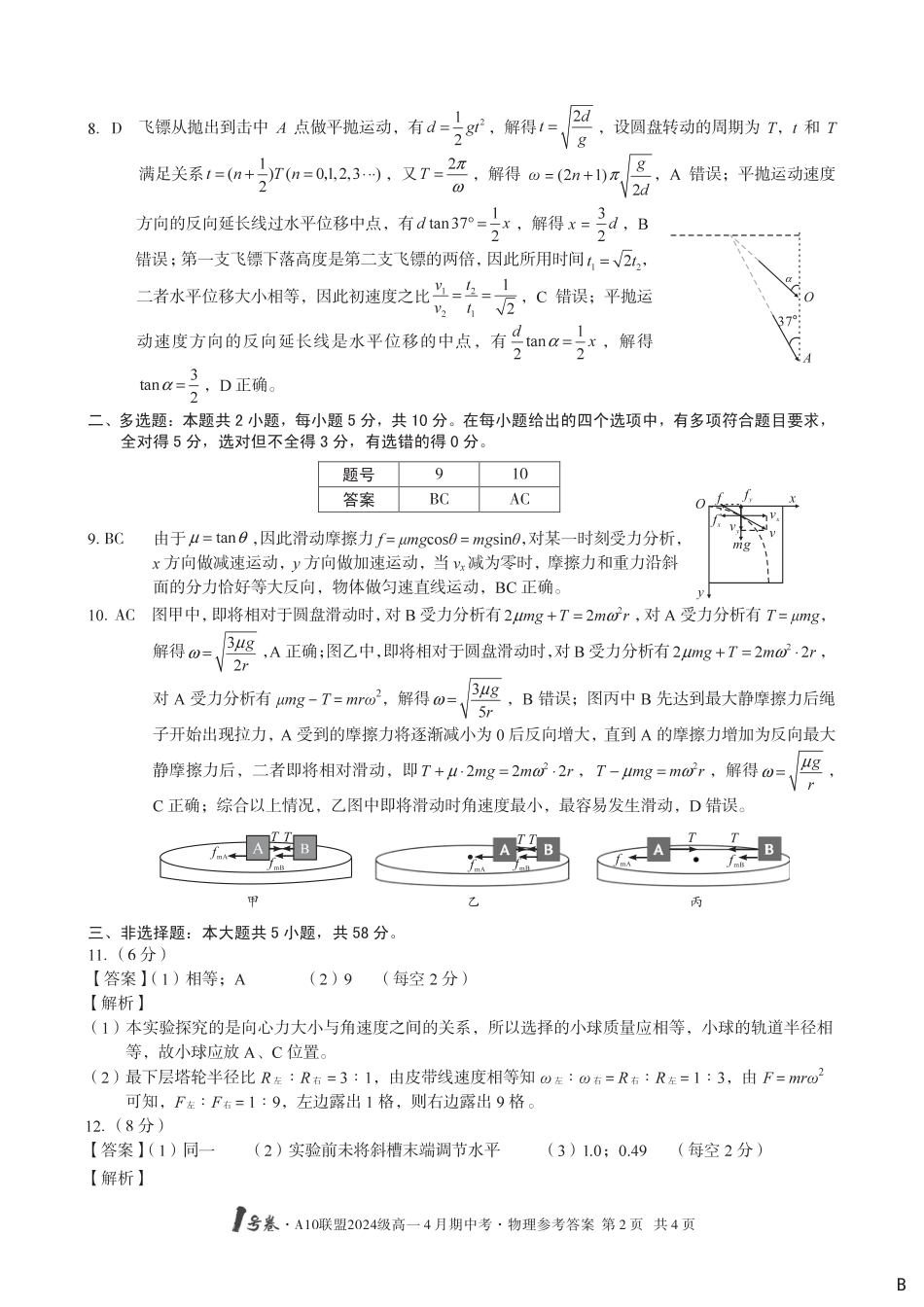 高一物理模拟题   （B卷）1号卷·A10联盟2024级高一4月期中考物理答案B.pdf