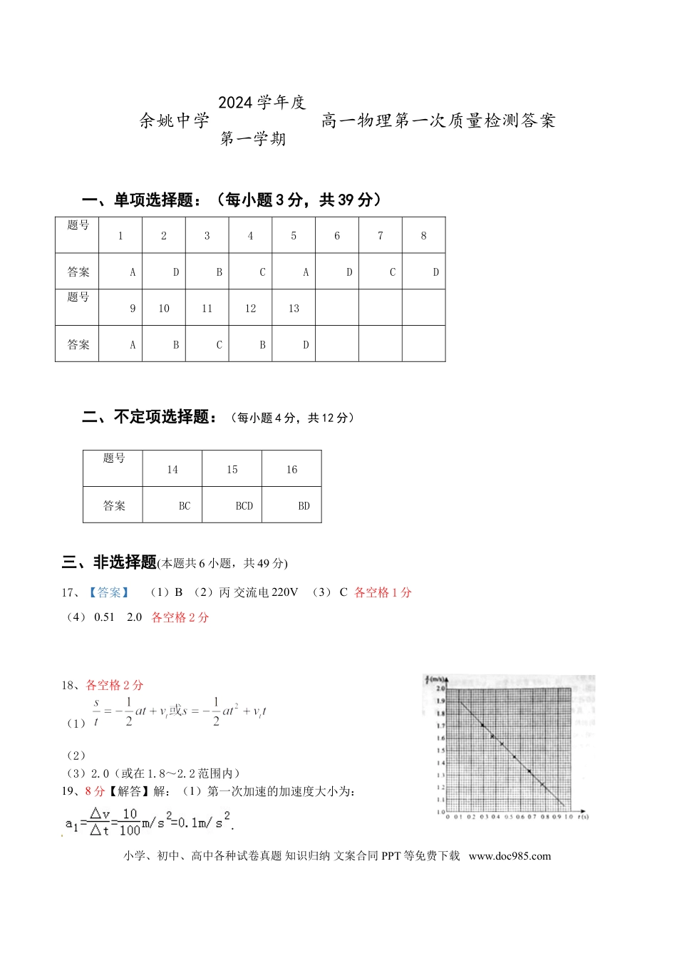 高一物理模拟题   质量检测物理答案.doc