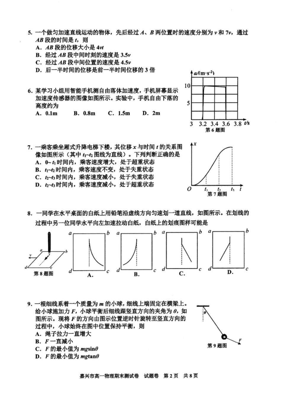 高一物理模拟题   浙江省嘉兴市2024-2025学年高一上学期期末检测试题 物理 PDF版含答案.pdf
