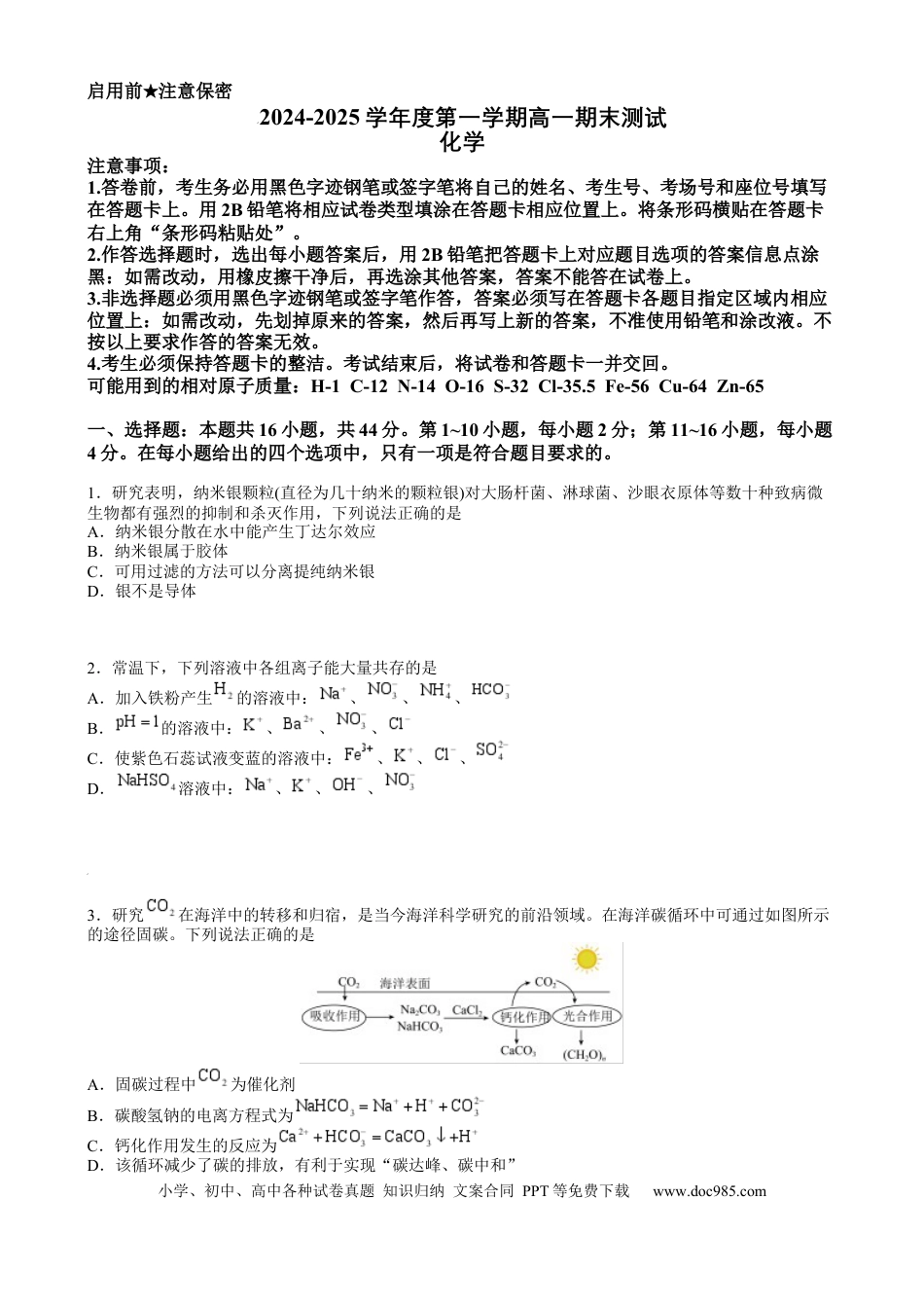 广东省阳江市高新区2024-2025学年高一上学期期末考试化学试卷（含答案）.docx