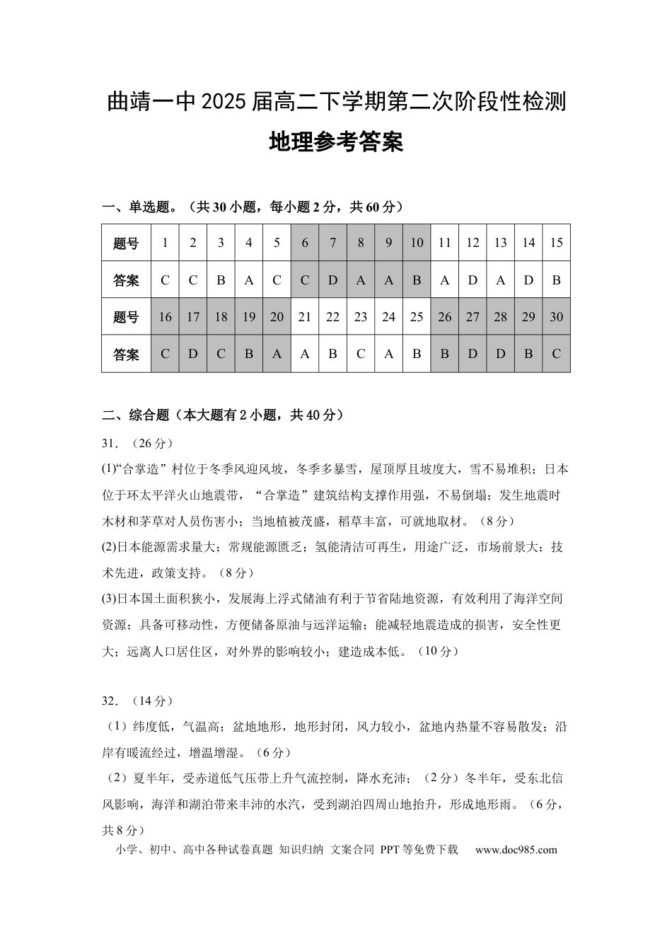 【答案】 地理 曲靖一中2025届高二下学期第二次阶段性检测.docx