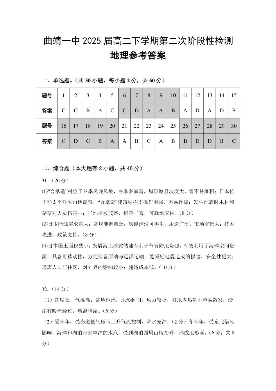 【答案】 地理 曲靖一中2025届高二下学期第二次阶段性检测.pdf
