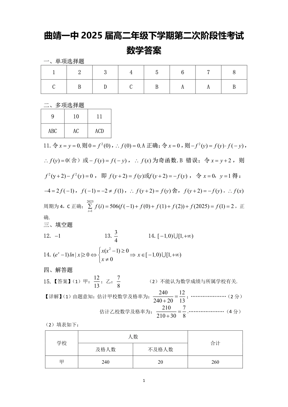 曲靖一中2025届高二年级下学期第二次阶段性考试数学参考答案.pdf