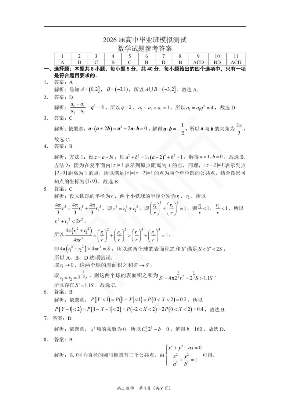 高三数学 模拟题   【数学答案】2026届高中毕业班模拟测试(1).pdf
