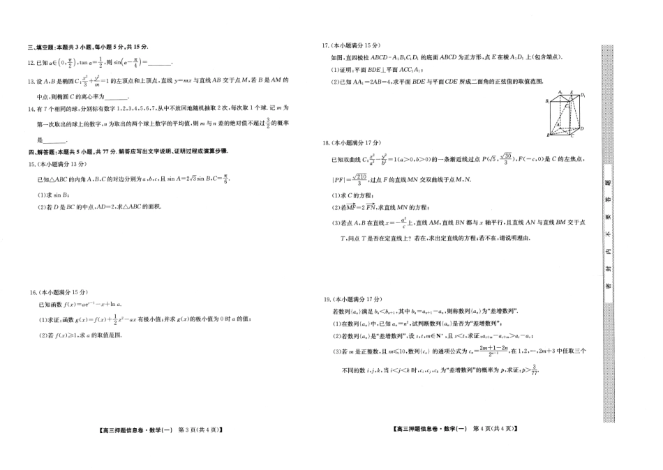 高三数学 模拟题   2025届高三押题信息卷（一）数学(1).pdf