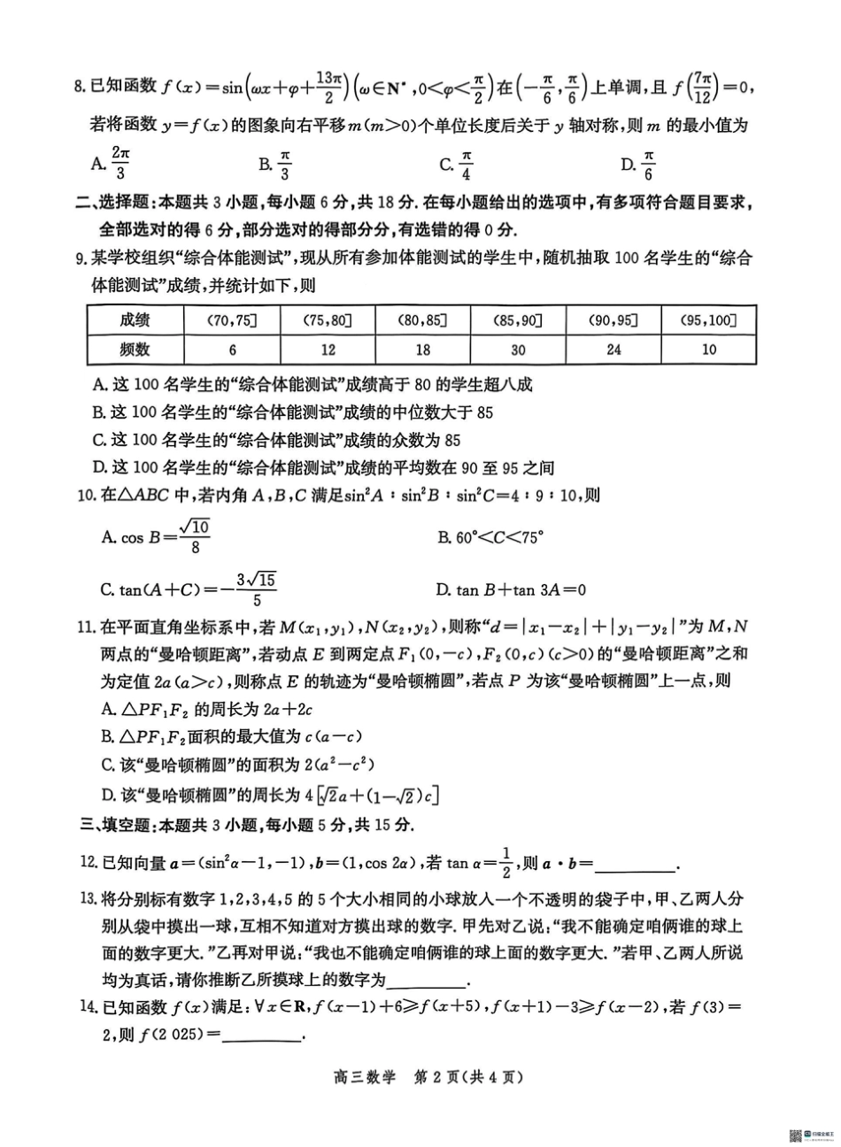 高三数学 模拟题   2025届河北省沧州市沧衡八县联考高三下学期一模数学（含答案）(1).pdf