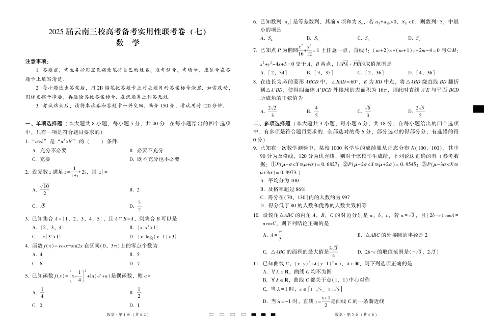 高三数学 模拟题   2025届云南三校高考备考实用性联考卷（七）数学(1).pdf