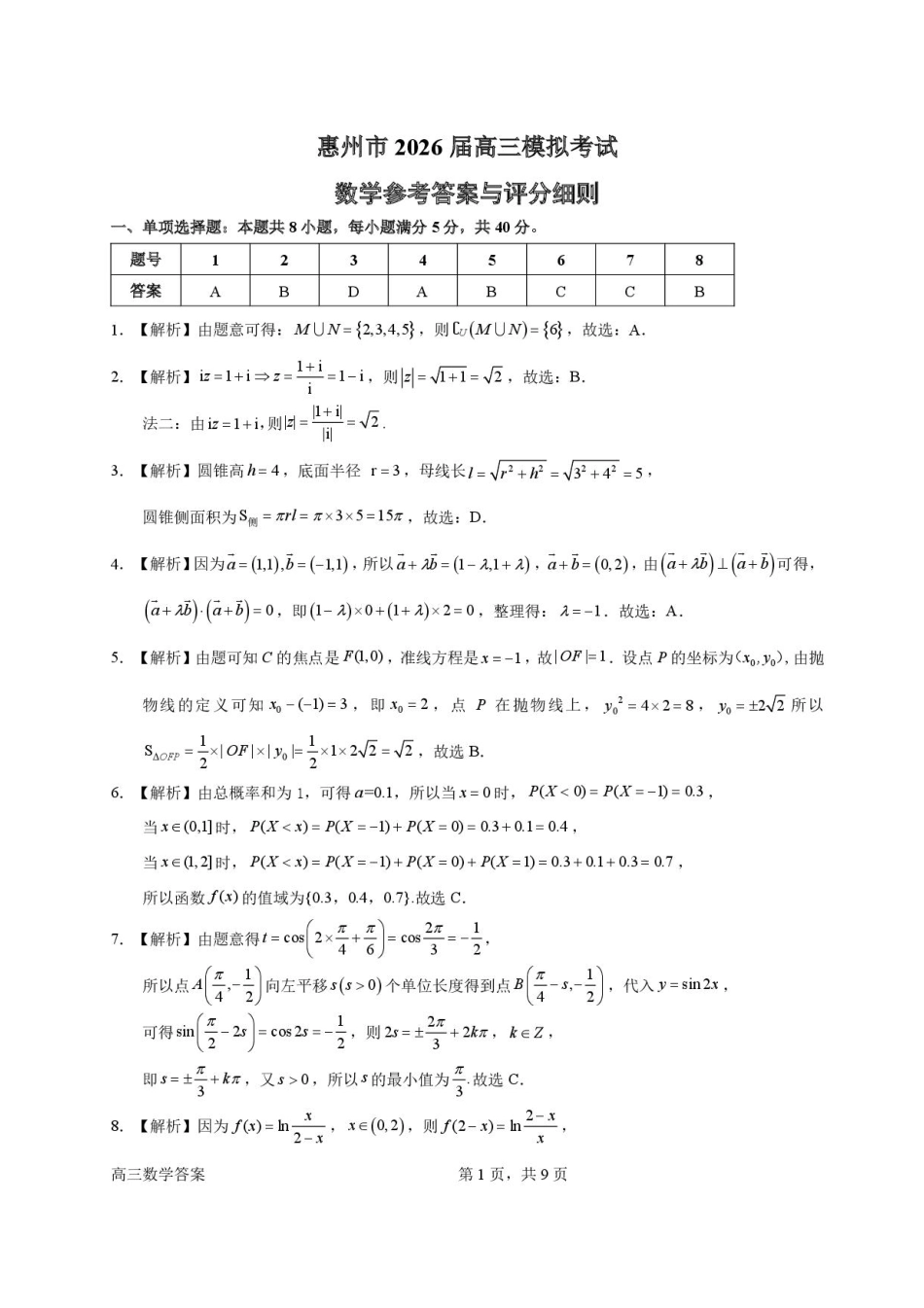高三数学 模拟题   2026届惠州二模数学答案(1)(1).pdf