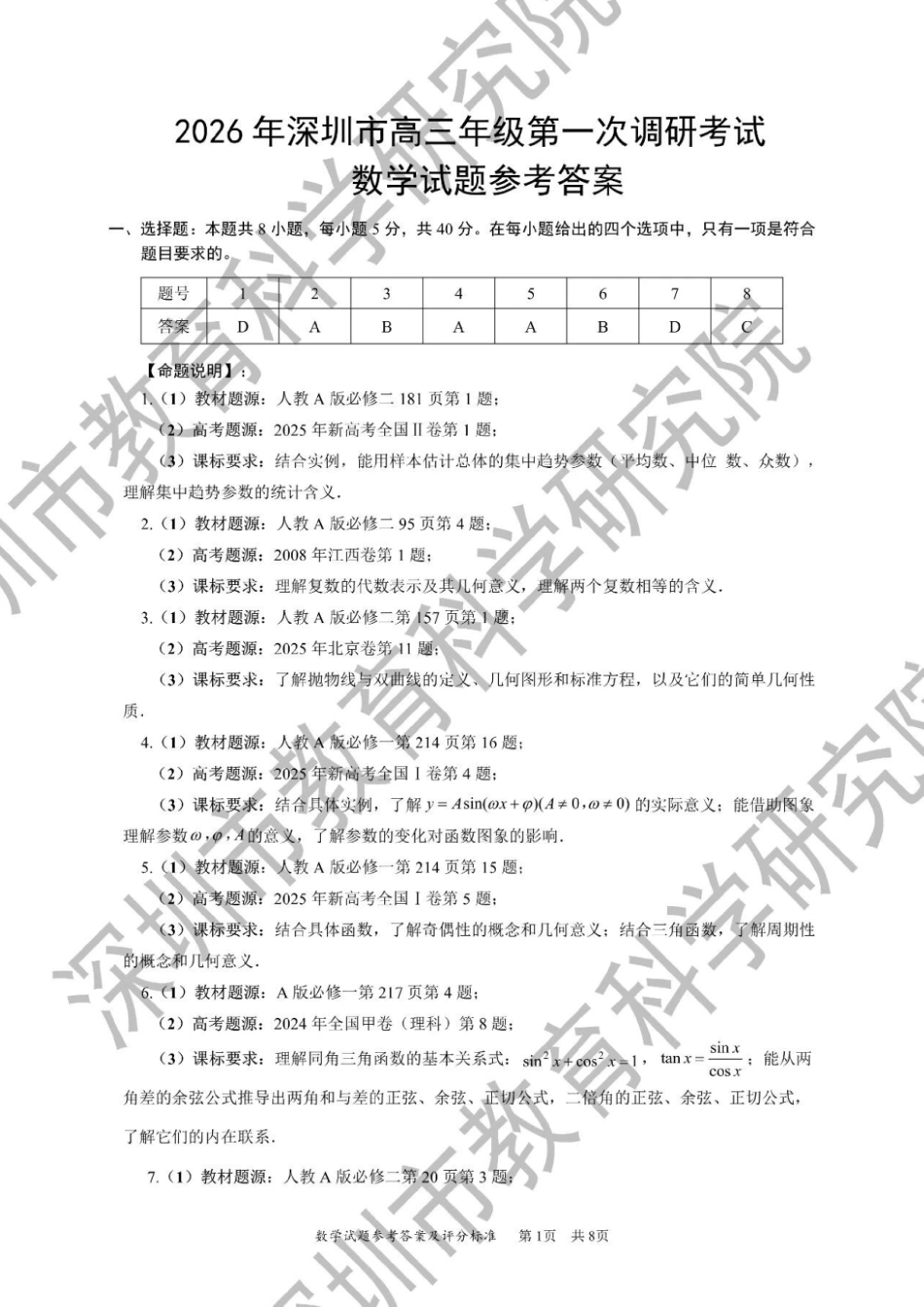 高三数学 模拟题   2026年深圳市高三年级第一次调研考试数学教研室官方答案(1).pdf