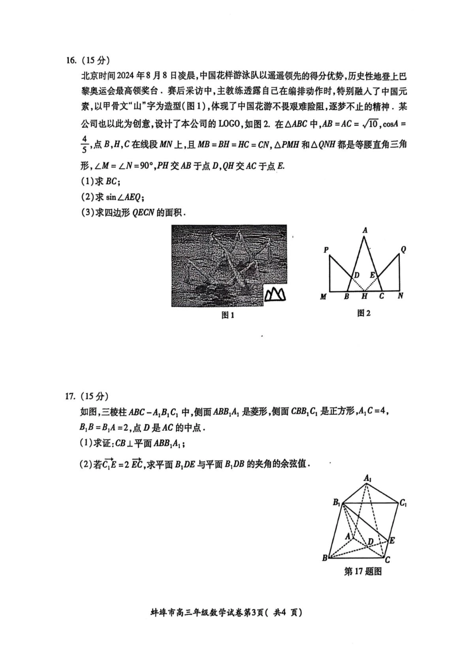 高三数学 模拟题   安徽省蚌埠市2025届高三上学期第一次教学质量检查考试（1月）数学试卷（含答案）(1).pdf