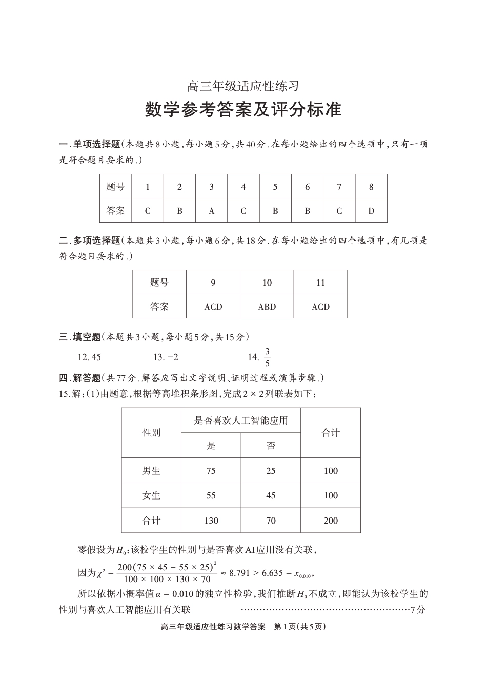 高三数学 模拟题   德阳市2026届高三年级适应性练习 数学答案(1).pdf