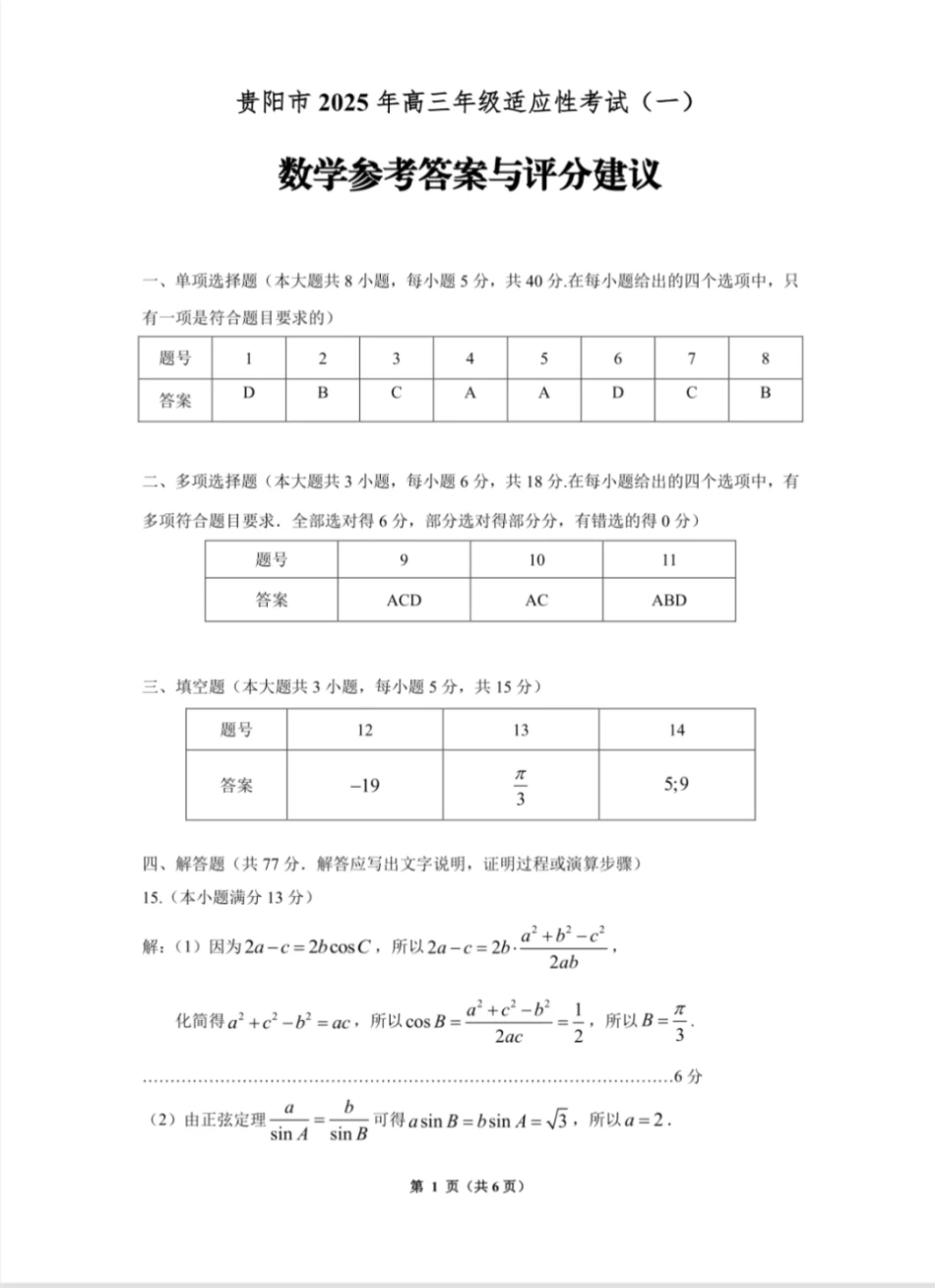 高三数学 模拟题   贵阳市2025年高三年级适应性考试（一）数学答案(1).pdf